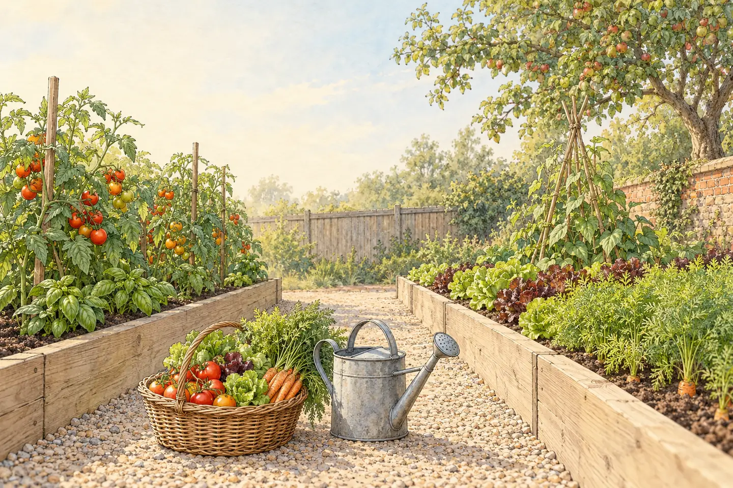 A gravel path between raised beds of tomatoes, lettuce and carrots, with a basket of picked vegetables and a watering can
