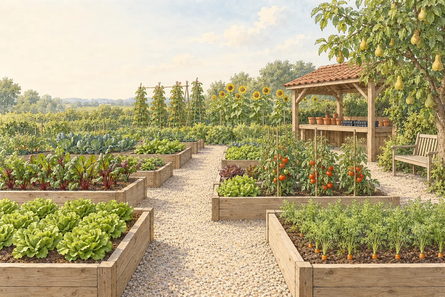 A shared garden of raised beds, a potting shed and a pear tree