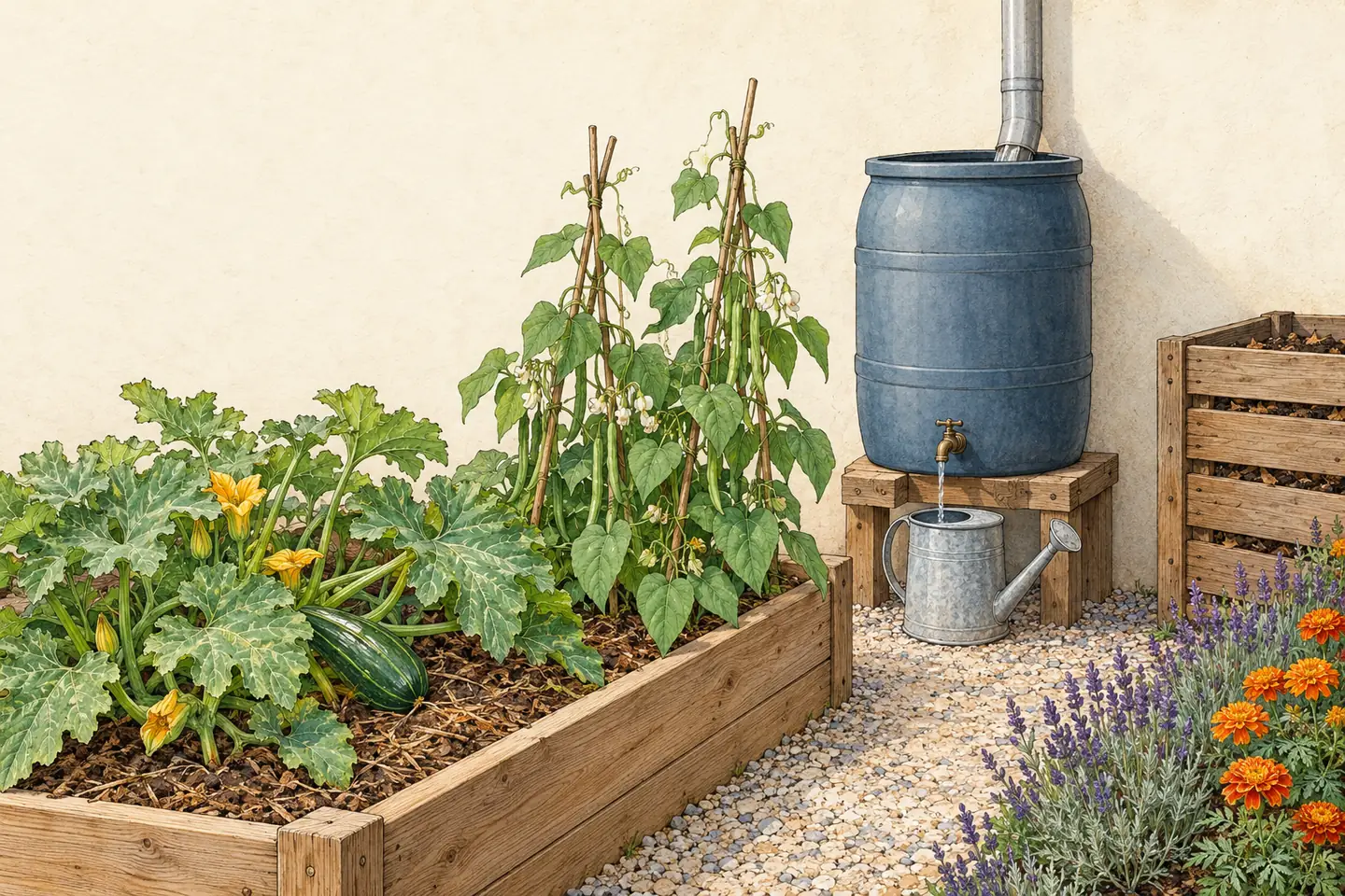 A rain barrel on a stand beside a raised bed of squash and beans, with a compost bin and lavender